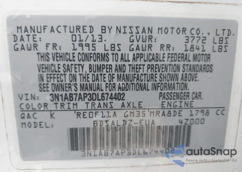 2013 Nissan Sentra Sv z USA, uszkodzony, nr VIN 3N1AB7AP3DL674402